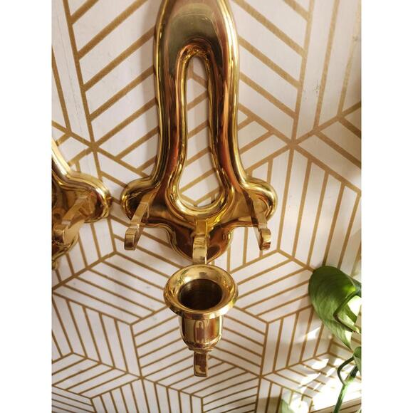 Vintage Pair Gold Brass Sconces Wall Hanging Candle Holder 11” With Plate Holder - Picture 8 of 12